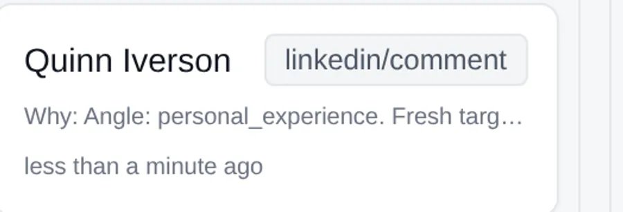 A drafted LinkedIn comment card showing the angle and reasoning Julian chose for it